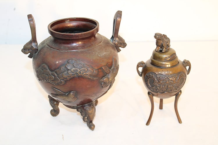 2 Antique Solid Bronze Oriental Incense Burners: 2 Antique Solid Bronze Oriental Incense Burners. With foo dog, dragon, and bird d?cor. Both have a nice patina. Tallest is approximately 8".