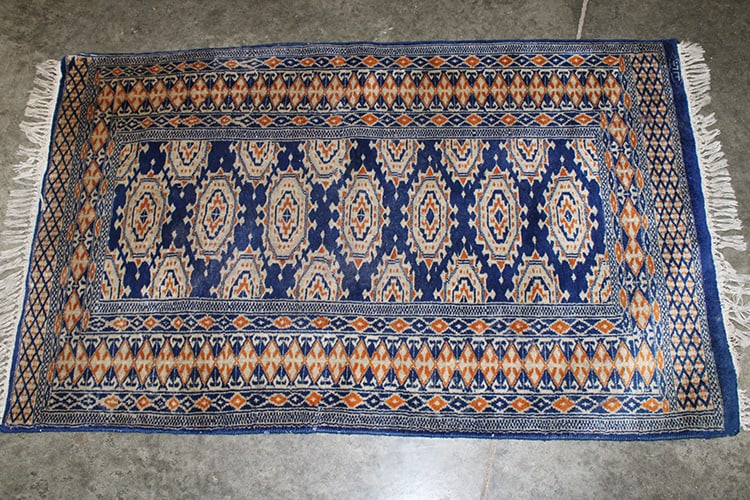 Tightly Woven Silk Signed Bokhara Rug in Blue: Tightly Woven Silk Signed Bokhara Rug in Blue. Nice condition. 48" X 31".