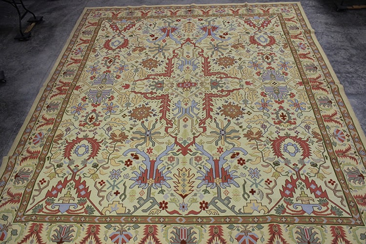 13.6' X 15.6' Handmade Iberia Needlepoint Rug: 13.6' X 15.6' Handmade Iberia Needlepoint Rug in Yellow. All wool, in great condition, from the Richmond estate.