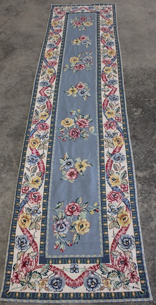 29" X 116" Handmade Needlepoint Runner in Blue: 29" X 116" Handmade Needlepoint Runner in Blue. With floral pattern. In nice condition from the Richmond estate.