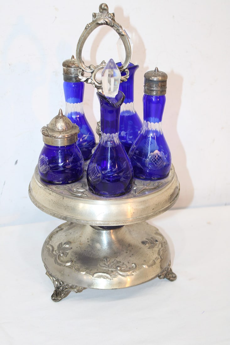 All original Victorian Cut to Cobalt Blue Caster Set (1 of 5)