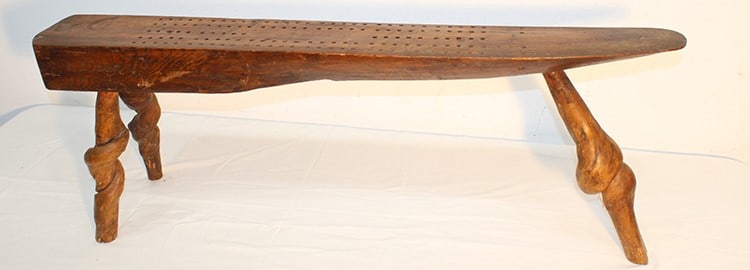 Large Rustic Slab Wood Cribbage Table: Large Rustic Slab Wood Cribbage Table. Great wooded legs, estate fresh, 44" wide, 16" tall, 11" deep.