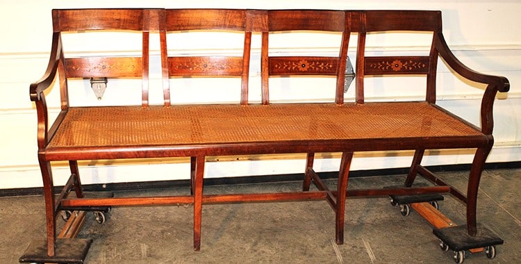 Period Federal 19th Century Satinwood Inlaid Sofa: Period Federal 19th Century Satinwood Inlaid Sofa. Scroll arm, floral inlay, has a custom cushion, nice caned seat. Nice condition, Chatham estate. 67" wide, 33" tall, 24" deep.