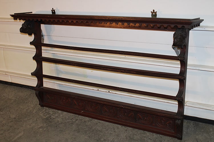 Wonderful Victorian Hanging Plate Rack with Full Carved Rams Heads: Wonderful Victorian Hanging Plate Rack with Full Carved Rams Heads. Probably walnut or mahogany in original finish, nice condition. 54" wide, 33" tall, 9" deep.