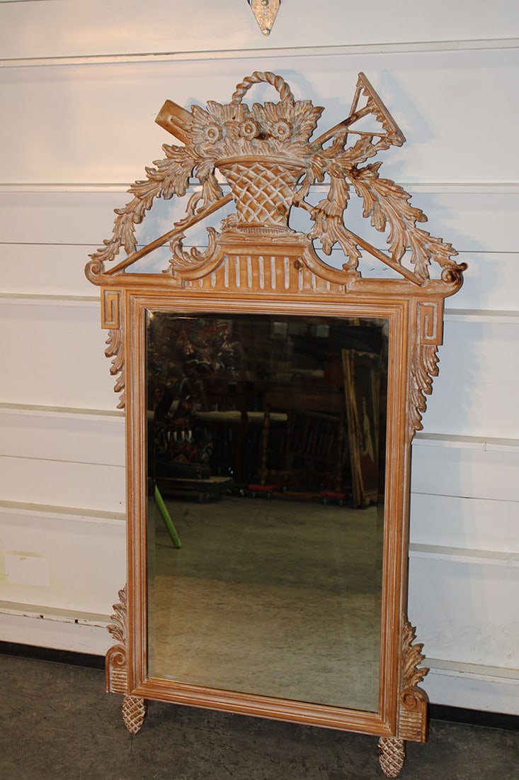 Signed La Barge Italian Louis XV Style Mirror: Signed La Barge Italian Louis XV Style Mirror. White washed with a large basket of flowers, rock and shovel on top. In excellent condition out a Richmond estate. 33" wide, 58" tall.