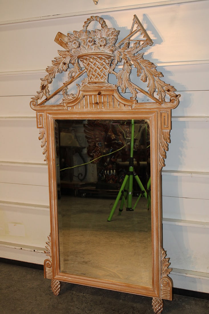 Nice Italian Style Louis XV Mirror: Nice Italian Style Louis XV Mirror. White washed with basket of flowers in excellent condition. 33" wide, 58" tall.