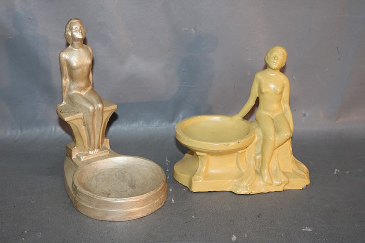 2 Art Deco Nude Women Trays: 2 Art Deco Nude Women Trays. All metal in nice condition. Older repaint. Tallest is 8" tall.