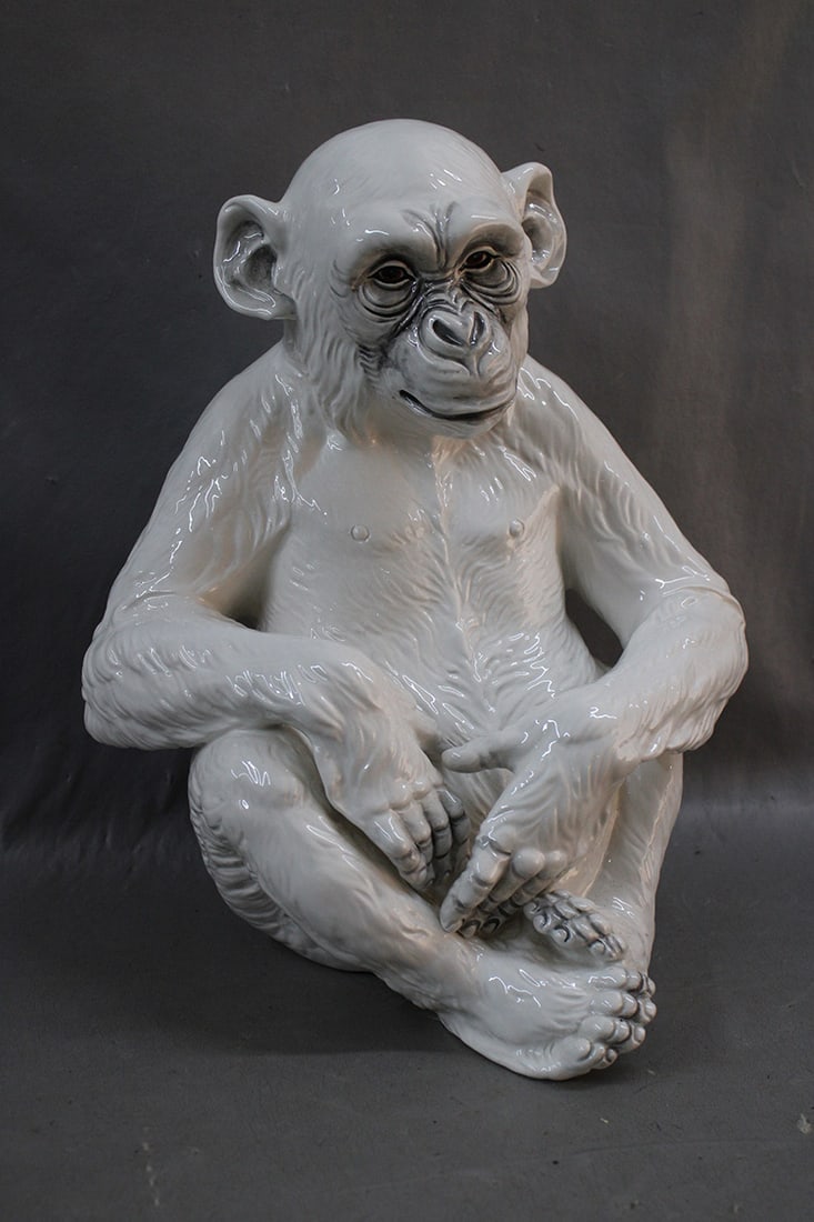 Large Vintage Italian Ceramic Chimpanzee: Large Vintage Italian Ceramic Chimpanzee. Nice white glaze marked and numbered on the bottom. In nice condition, no chips or cracks. 12" wide, 14" tall, 10"deep.