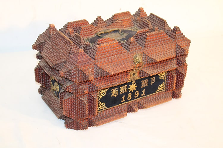 Awesome 1891 Tramp Art Box: Awesome 1891 Tramp Art Box. Velour with brass decorated panels, Nice condition, estate fresh. Approximately 13" wide, 7" tall, 10" deep.