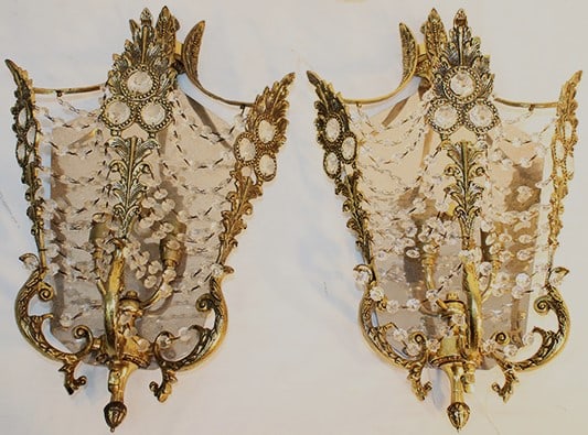Super Pair of Decorator Sconces with Crystal Accents: Super Pair of Decorator Sconces with Crystal Accents. Made by Lusarte Espinho, Portugal. Nice Condition, designer look. 13" wide, 23" tall, 8" deep.