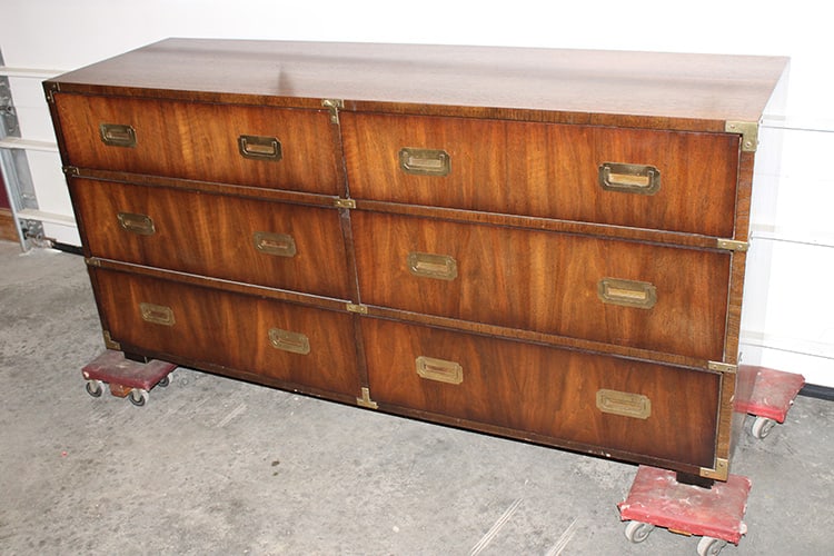 Mid-Century " Lane" Campaign 6 Drawer Dresser: Mid-Century " Lane" Campaign 6 Drawer Dresser. Brass accents & corners, in nice condition. Signed Lane in the top drawer, numbered on the back. Chatham estate. 62" wide, 30" tall, 18" deep.