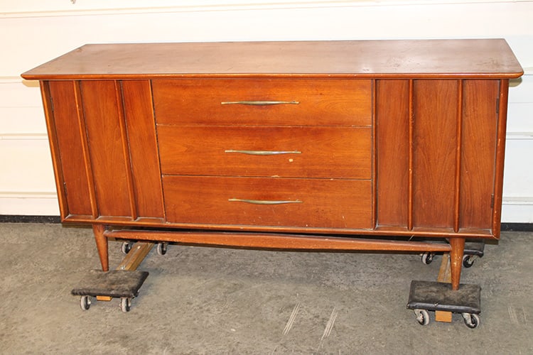 Mid-Century Kent Coffey Foreteller Walnut Dresser: Mid-Century Kent Coffey Foreteller Walnut Dresser. 3 drawer in the middle and door on each end, finish needs to be cleaned up (see photo), numbered on the back. North Adams estate. 62" wide, 30"