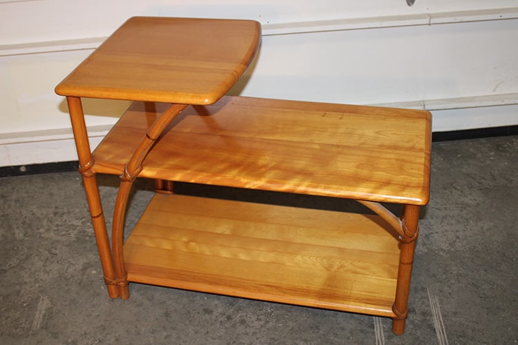 Mid-Century 1950 Signed Heywood Wakefield 2 Tier Side Table: Mid-Century 1950 Signed Heywood Wakefield 2 Tier Side Table. Bamboo style legs, in real nice condition. North Adams estate. 16" wide, 23" tall, 28" deep.