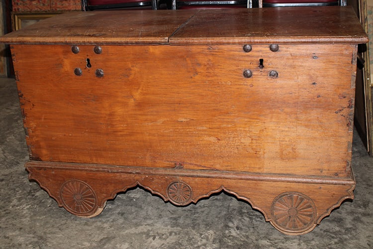 Early Indian Teak Dowry Chest with Wooden Wheels (1 of 6)