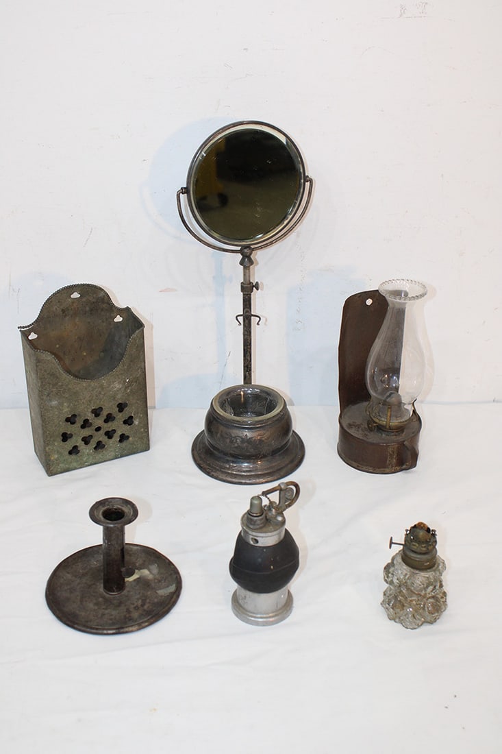 Group of Vintage Antiques - Shaving Mirror, Lamps, Antique Toilet Dispenser (1 of 6)
