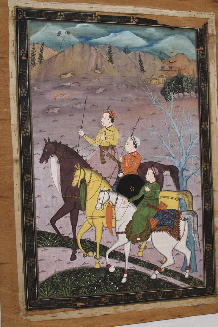Early hand Painted on Tapestry of the 3 Sons of Shah Jahan: Early hand Painted on Tapestry of the 3 Sons of Shah Jahan. Little frayed on top corner otherwise good. Placed on a board. 20" X 29".