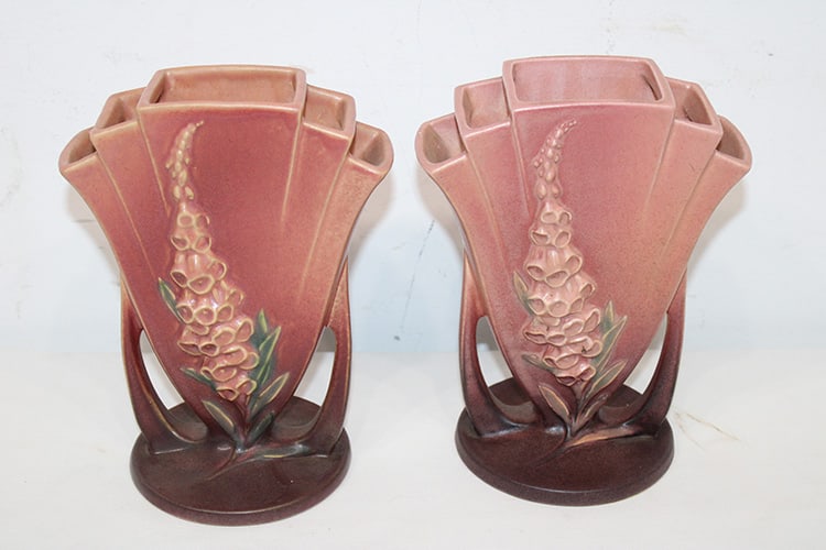 Pair of Matching Pink Foxglove Roseville pottery 8" vases (1 of 5)