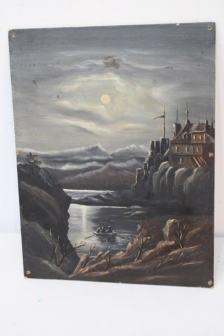 Antique Oil on Board (Night Scene of Castle & Row Boat): Antique Oil on Board (Night Scene of Castle & Row Boat). No frame, well done, estate fresh. 8.5" X 11" (small tack holes in each corner).