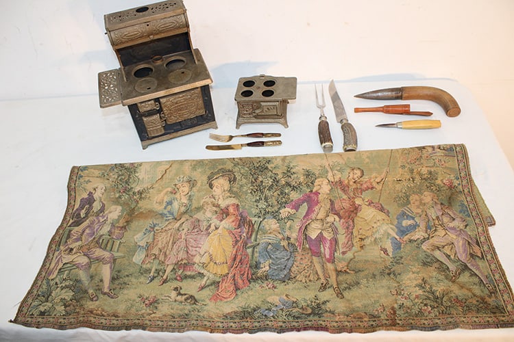Group of Vintage Antiques, Including 2 Miniature stoves, French Tapestry, Knives (1 of 6)