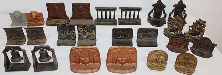 12 Sets of Antique Bookends: 12 Sets of Antique Bookends - 2 Sets Signed Bradley & Hubbard. Some with indians, ship, lions, George Washington, Liberty Bell ect.