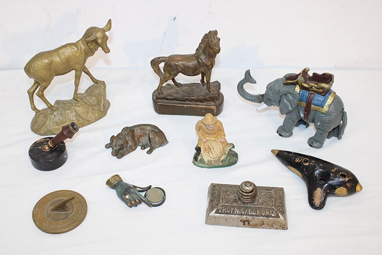 Group of Vintage Accessories: Group of Vintage Accessories, Some Signed. Including bank, sundial, signed statues, ect. Estate fresh.