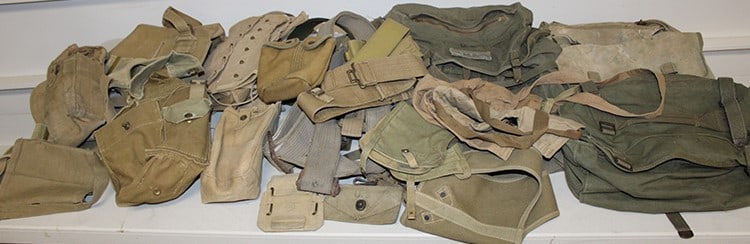 Large Group of WW2 Bags, Pouches, Belts with Canteens: Large Group of WW2 Bags, Pouches, Belts with Canteens, ect. There's a pile of it. North Adams estate.
