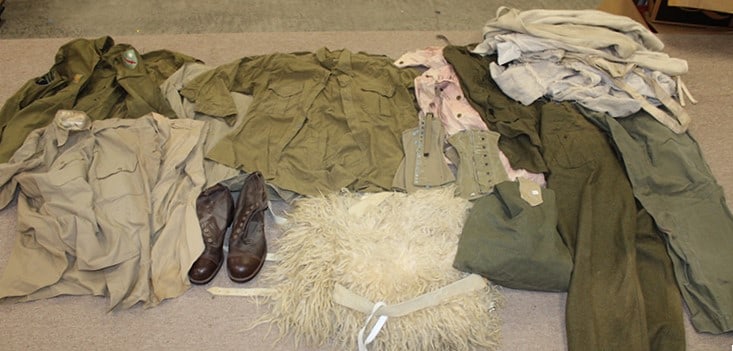 Large Group of WW2 Clothing: Large Group of WW2 Clothing Including Coat with Patches. All from the North Adams estate.