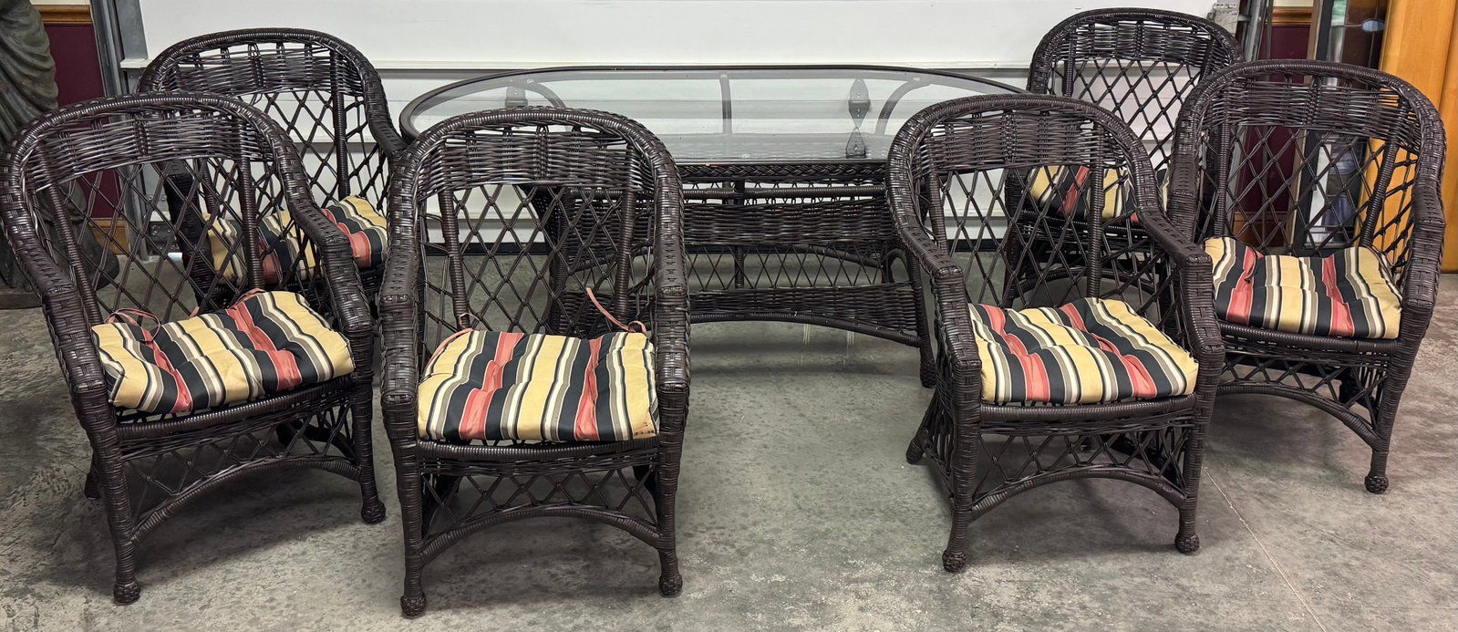 seven piece all weather patio set attr. to lane weather master: Seven piece all weather patio attributed to lane weather master excellent condition from Williamstown estate(brown, resin wicker) very comfortable with nice cushions table is 73 inches wide 30 inches