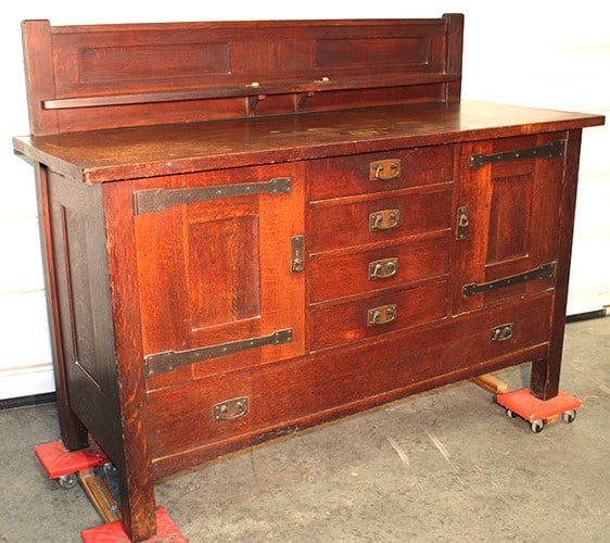 Rare Early Signed L & J G Stickley 64" Sideboard with Copper Strap Hinges: Rare Early Signed L & J G Stickley 64" Sideboard with Copper Strap Hinges. Large size backsplash with plate rail, quarter sawn oak in original finish, silver dividers in the top drawer. This is a beau