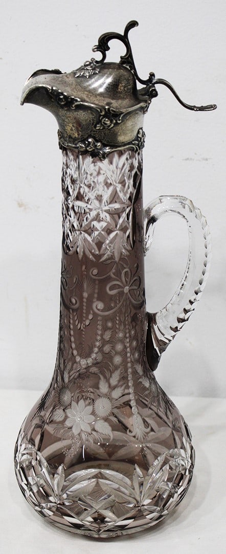 Fine 14.5" Victorian Cut Claret Jug Amethyst to Clear with a Sterling Silver Spout: Fine 14.5" Victorian Cut Claret Jug Amethyst to Clear with a Sterling Silver Spout. Beautifully cut, has a ding where the handle tops was applied in making.
