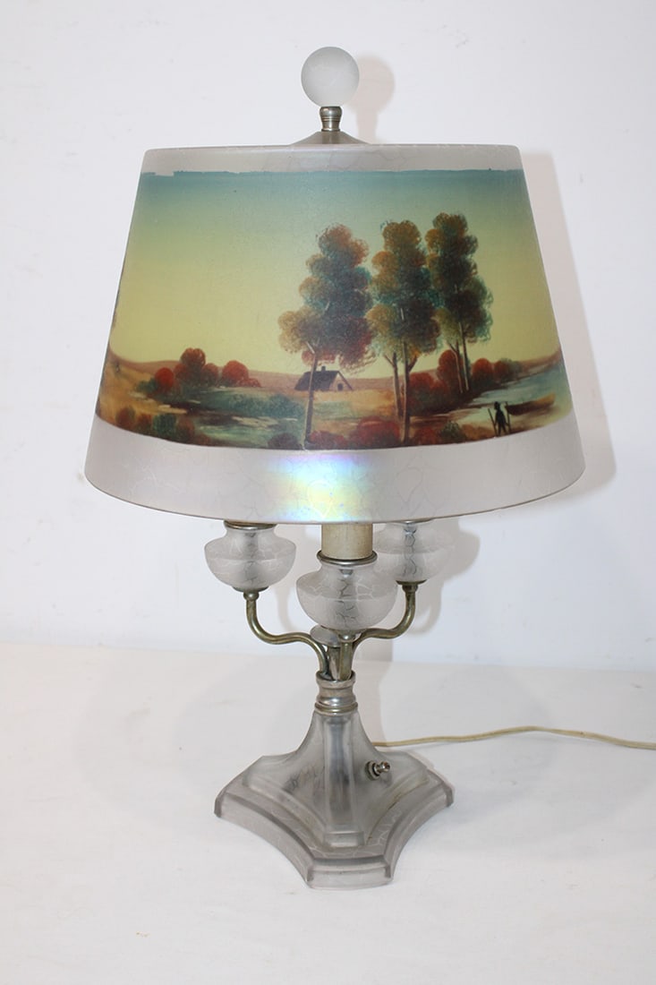 Signed Jefferson Scenic Reverse Painted Table Lamp: Signed Jefferson Scenic Reverse Painted Table Lamp. All original with a textured iridescent shade with a farm, lake, woodland scene. Has a textured base (same as the shade) with the original finial. N