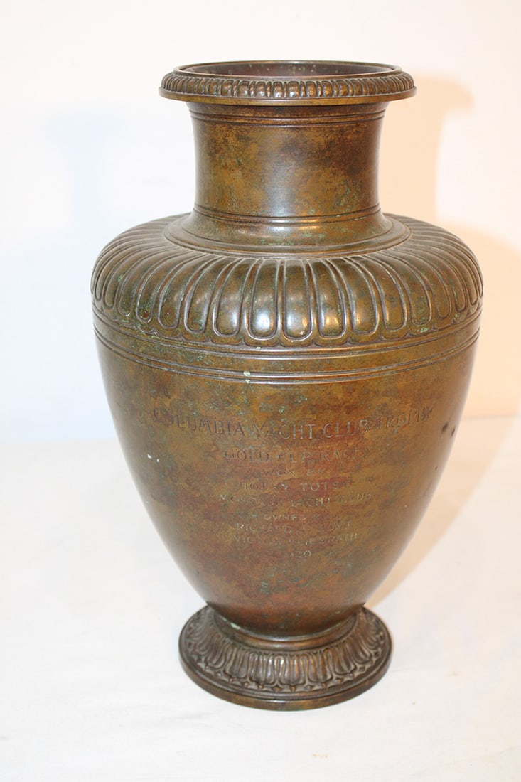 Rare 14" Signed Tiffany & Co. Columbia Yacht Club Trophy in Bronze: Rare 14" Signed Tiffany & Co. Columbia Yacht Club Trophy in Bronze. Gold cup race won by Hotsy Totsy, Montauk Yacht Club 1930's (owner Richard Hoyt and Victor Kliesrath. In original patina with a pull