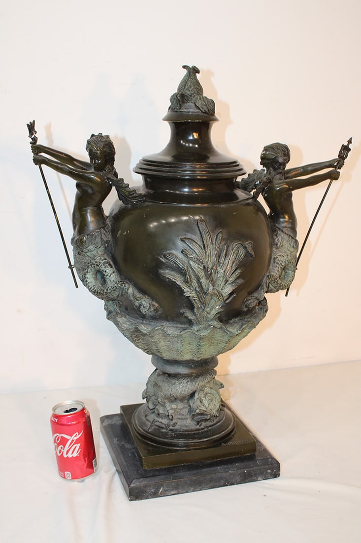 Huge 26" Tall Bronze Urn: Huge 26" Tall Bronze Urn. Details include mermaids, dolphins, large shell, etc.. Has a marble base signed A. Moreau, with a neptune style man and lady on each handle, and a removeable lid in a nice