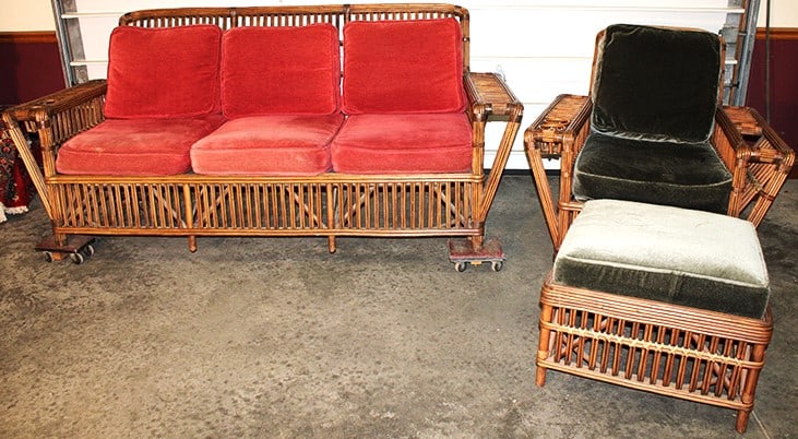 Exceptional Signed Palecek 3 Piece Pencil Pole Ratan Presidential Sofa, Chair & Stool (1 of 11)