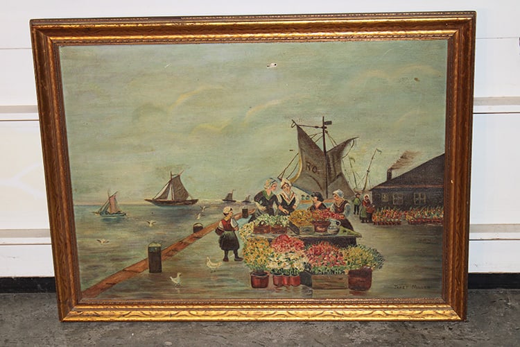 Antique Oil on Canvas Depicting A Dutch Harbor Scene Signed Janet Miller: Antique Oil on Canvas Depicting A Dutch Harbor Scene Signed Janet Miller. Has ships, flowers, seagulls, etc.. Estate fresh. Size with frame is 33" wide X 25" tall.