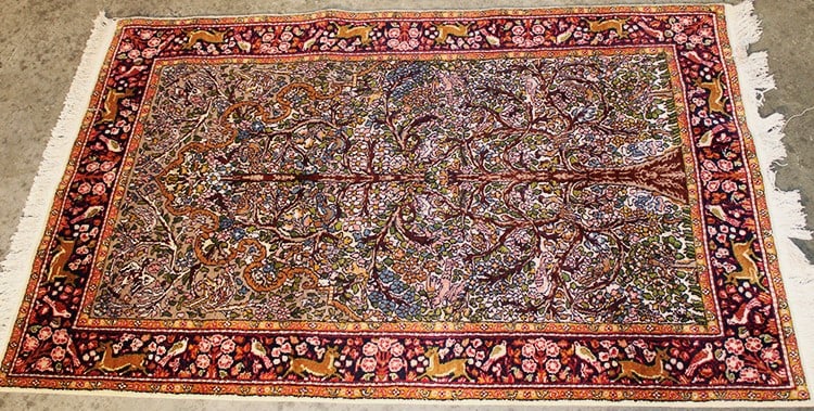 Awesome Silk and Wool Handmade Tree of Life Rug: Awesome Silk and Wool Handmade Tree of Life Rug. Great colors with birds and deer around the border, no smells, stains or wear. 42" X 66". Chatham estate.