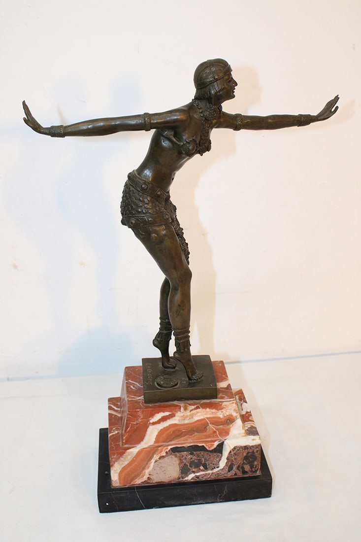 Fabulous 19" Art Deco Bronze "Dancer" Signed Dimitri Chiparus 1886-1947: Fabulous 19" Art Deco Bronze "Dancer" Signed Dimitri Chiparus 1886-1947. Has a foundry mark that reads JB Deposee Bronze Garanti on an exceptional marble base. In original patina, estate fresh.