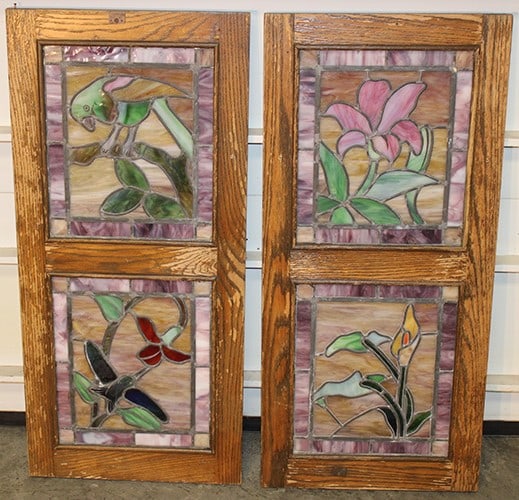 Pair of Antique Leaded Windows with Flowers and Birds: Pair of Antique Leaded Windows with Flowers and Birds. In oak frames (worn old finish, it'll refinish easily), great multi colored windows, has a few small lines. Each window is 17" wide X 36" tall.
