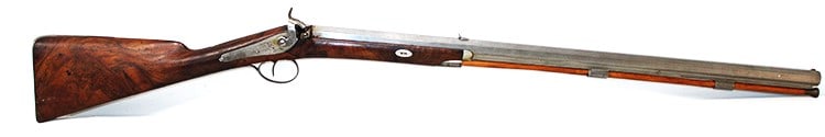 Antique J. Nobbs Percussion Long Gun: Antique J. Nobbs Percussion Long Gun. Has an octagon barrel, marked Ishe of Wight, has damage to the stock (see photo). Estate fresh. 46" long.