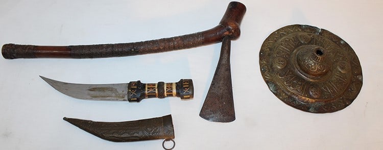 Group of Early Middle Eastern Weapons: Group of Early Middle Eastern Weapons. Including a Jambiya, tribull ware axe, and what's possibly a 7" Seljuk (all kinds of marks on it).