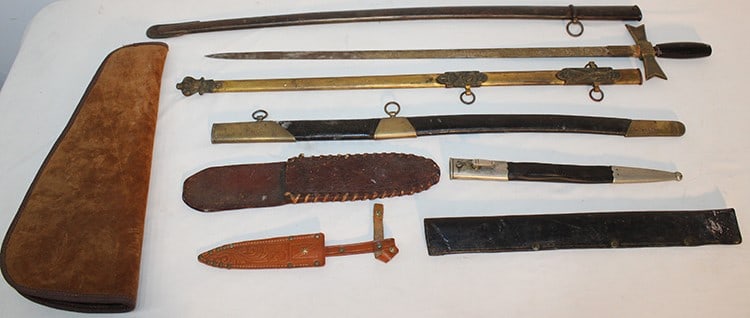 Group of Scabbords, Sheaths, Soft Case Gun Holder: Group of Scabbords, Sheaths, Soft Case Gun Holder. Ceremonial sword, missing top with scabbord, civil war style scabbard etc..