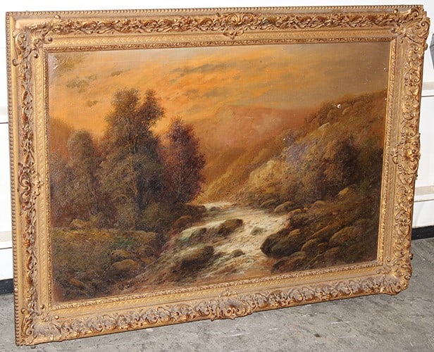 Pretty 19th Century Oil on Canvas Signed Wilhelm Olbrich Titlted Hazy in the Alps: Pretty 19th Century Oil on Canvas Signed Wilhelm Olbrich Titlted Hazy in the Alps. A well done and nicely framed painting, with an old tag on the back, frame has a few chips. Estate fresh. Size with f