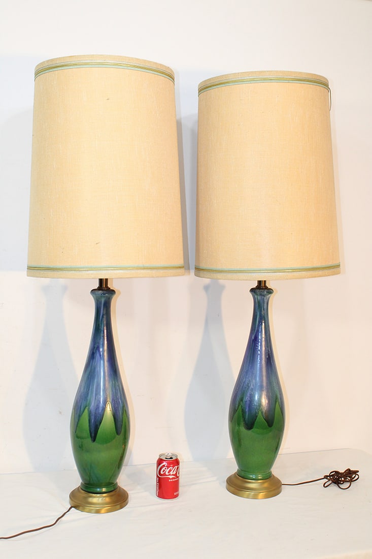 Pair of Mid-Century Haeger Blue Green Drip Glaze Lamps (1 of 5)