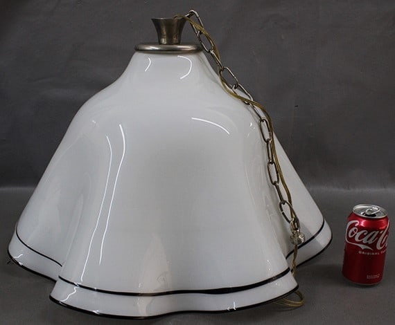 Large Handmade Murano Glass Chandelier: Large Handmade Murano Glass Chandelier. It has 2 applied colored glass stripes around the rim. Appr. 24" wide X 16" tall (just the lamp without the chain). It has a 17" chain (you can make it longer o