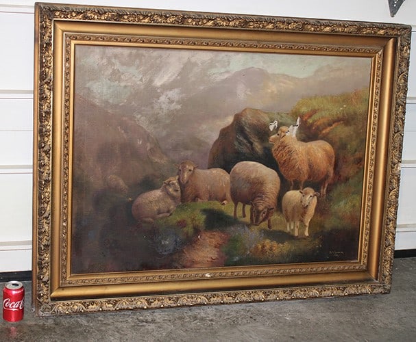 Large Oil on Canvas of Sheep Signed J.J. Cowhig 1914 (1 of 8)