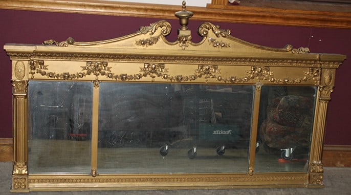 Antique Federal Style Gilt Triple Mirror: Antique Federal Style Gilt Triple Mirror. With decorative pediment and classical details. In nice condition, with a few flicks of gold needing touch up (see photo). Pittsfield estate. 62" wide X 36"