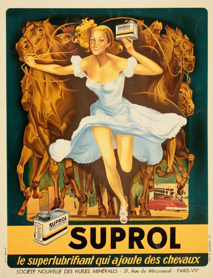 SUPROL BY PERON ORIGINAL VINTAGE POSTER: SUPROL This poster from 1949 was designed by French artist Rene Peron (1904-1972) for the brand Suprol. Suprol was associated with Vedool, which was, and still is, one of the most important oil compan