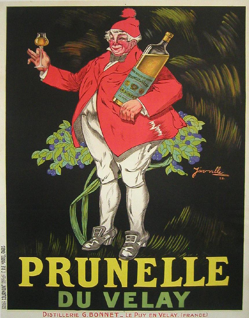 PRUNELLE MAN BY JARVILLE ORIGINAL VINTAGE POSTER: PRUNELLE MAN Rosy cheeked and glowing, Henri Jarville depicts this drunken yet charming country character offering the viewer a delicate glass of Prunelle de Velay. This brand of liqueur is made from 