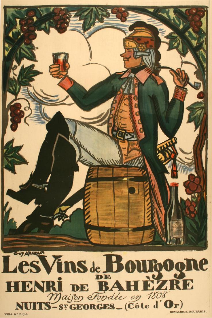 VINS DE BOURGOGNE BY GUY ARNOUX ORIGINAL VINTAGE POSTER: VINS DE BOURGOGNE Guy Arnoux, the artist of this vintage poster, was also a book illustrator. In this poster, a sophisticated member of the French cavalry enjoys a glass of Henri de Bahezre wine from 