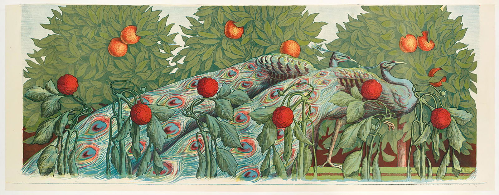 Original Vintage Peacocks Panel Poster Created by: Peacocks Panel was designed in 1903 by the Art Nouveau illustrator, Alfred Muller (1869-1939). This panel is one of a set of six illustrated by Muller. The artwork beautifully captures the grace of th